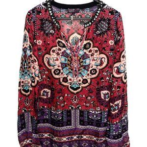 HALE BOB Beaded Silk Tunic Beaded Red Peach Blue Brown Button Sleeve Size M
